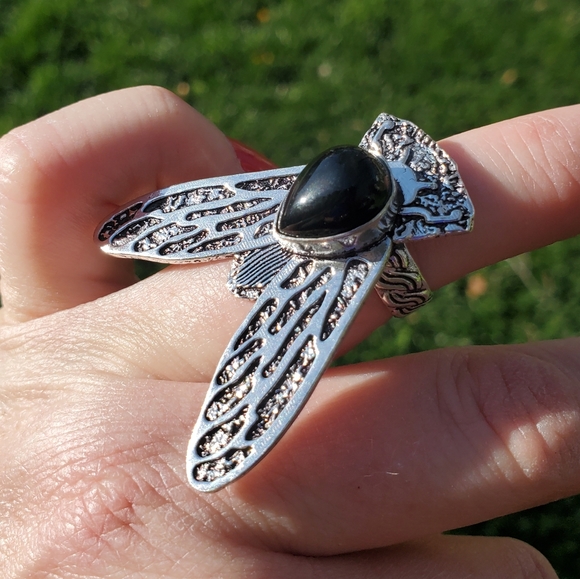 New Black Onyx Flying Insect Silver Ring. - Picture 8 of 15